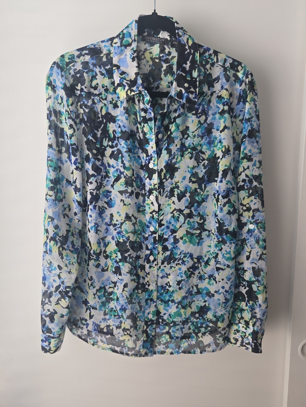 Blue & Green Abstract Button Down Sheer Blouae-Size Large
